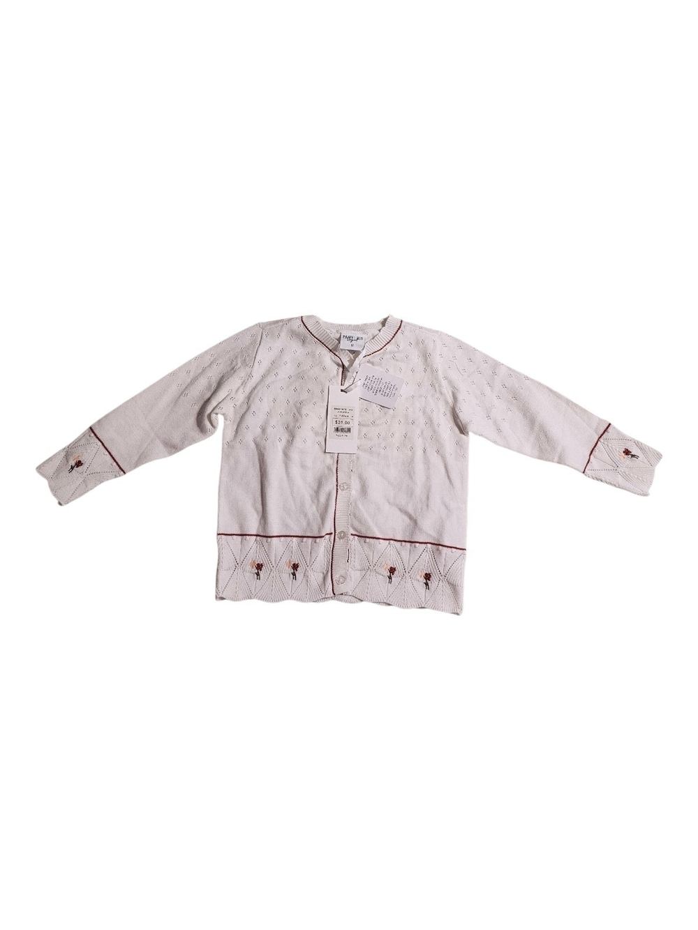 Cream Knit Cardigan with Red Embroidered Trim - Kids